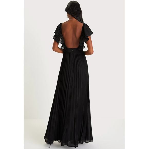 NEW Lulus Ideal Occasion Black Pleated Flutter Sleeve Backless Maxi Dress - Picture 4 of 13